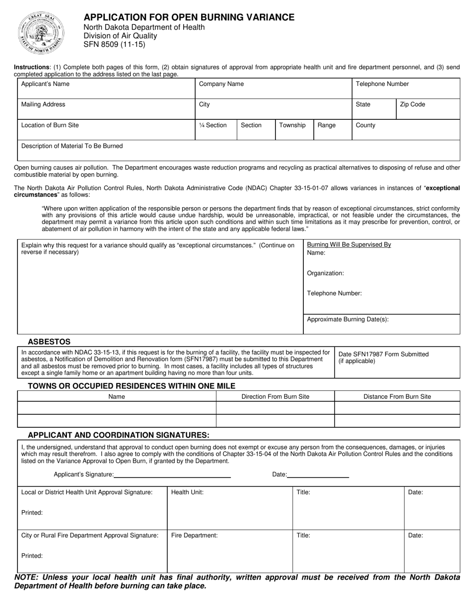 Form SFN8509 Application for Open Burning Variance - North Dakota, Page 1