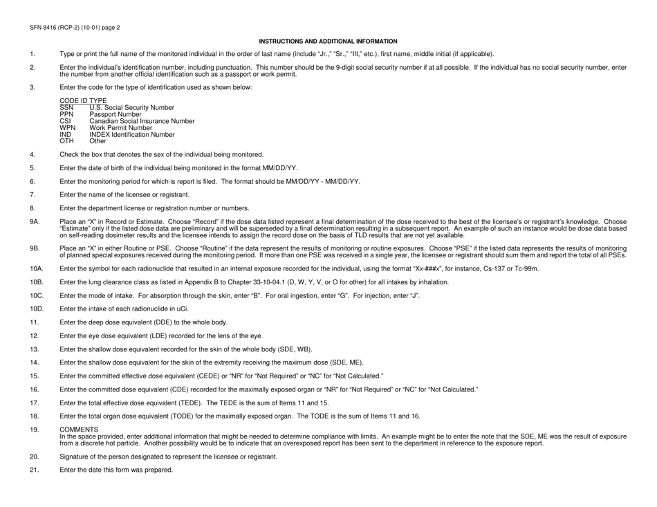 Form SFN8416 Current Occupational Radiation Exposure - North Dakota, Page 2