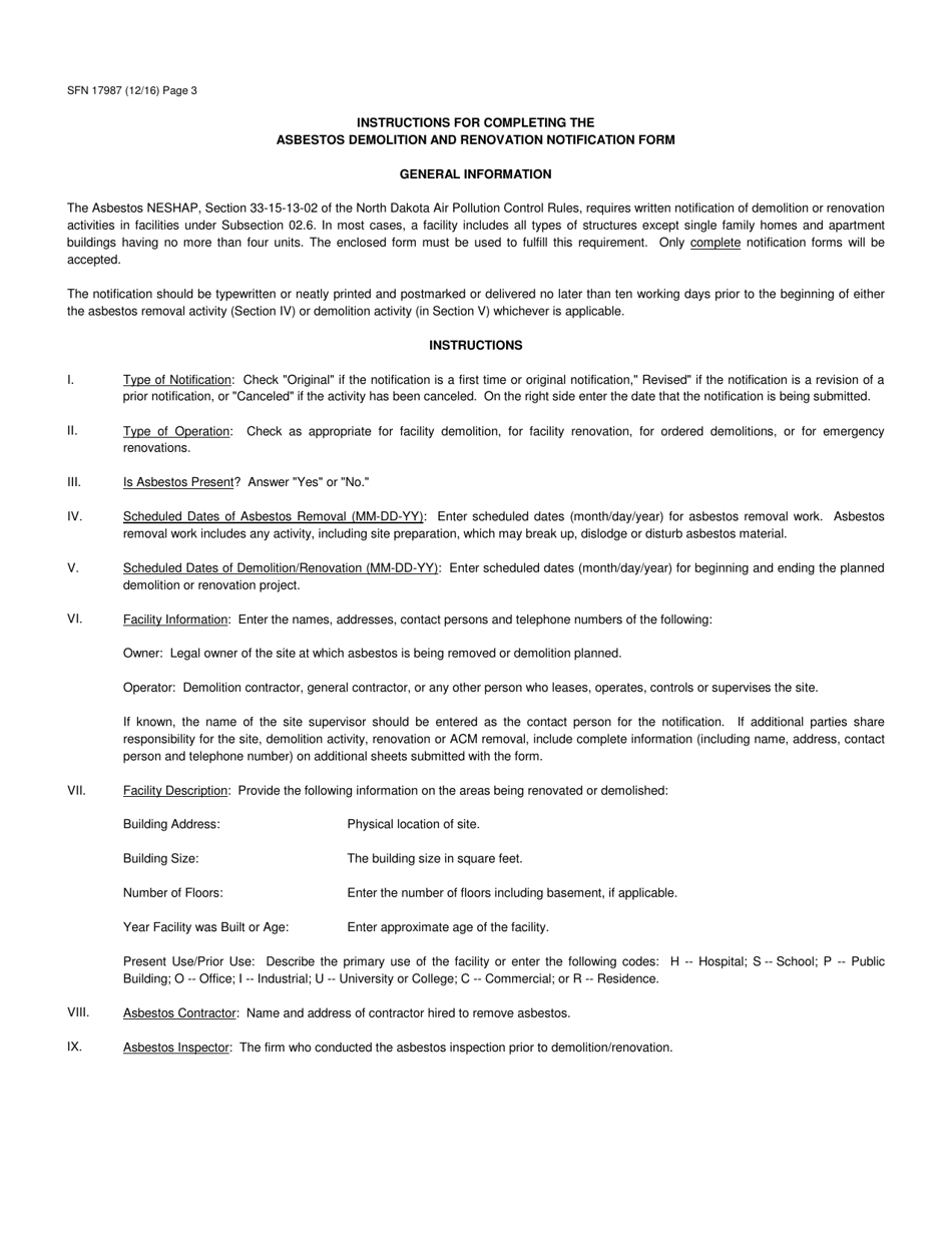 Form SFN17987 Asbestos Notification of Demolition and Renovation - North Dakota, Page 3