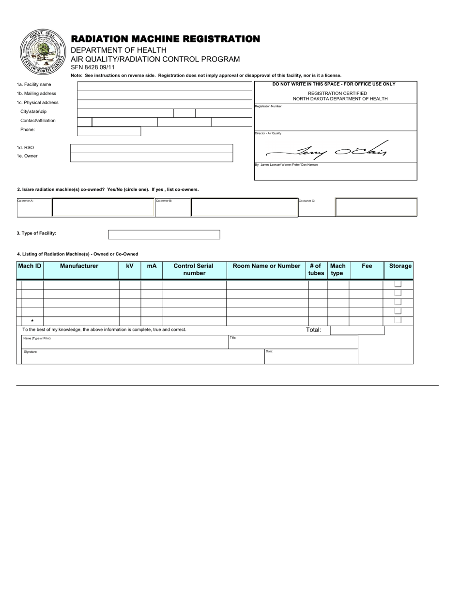 Form SFN8428 Radiation Machine Registration - North Dakota, Page 1