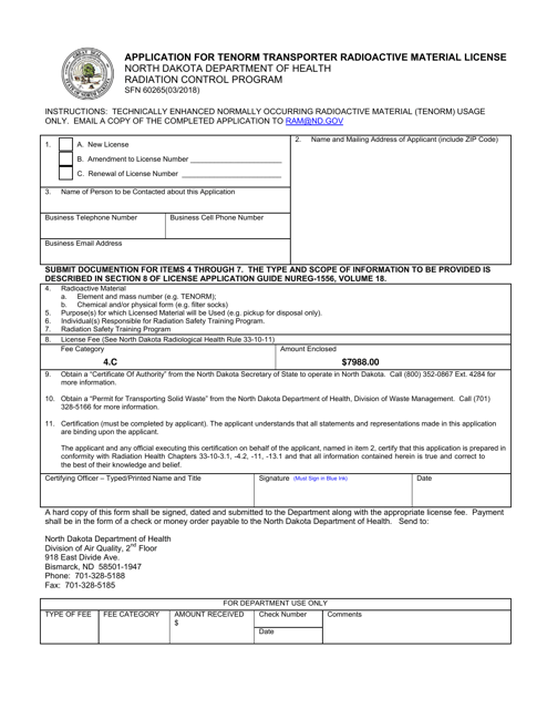 Form SFN60265 Application for Tenorm Transporter Radioactive Material License - North Dakota