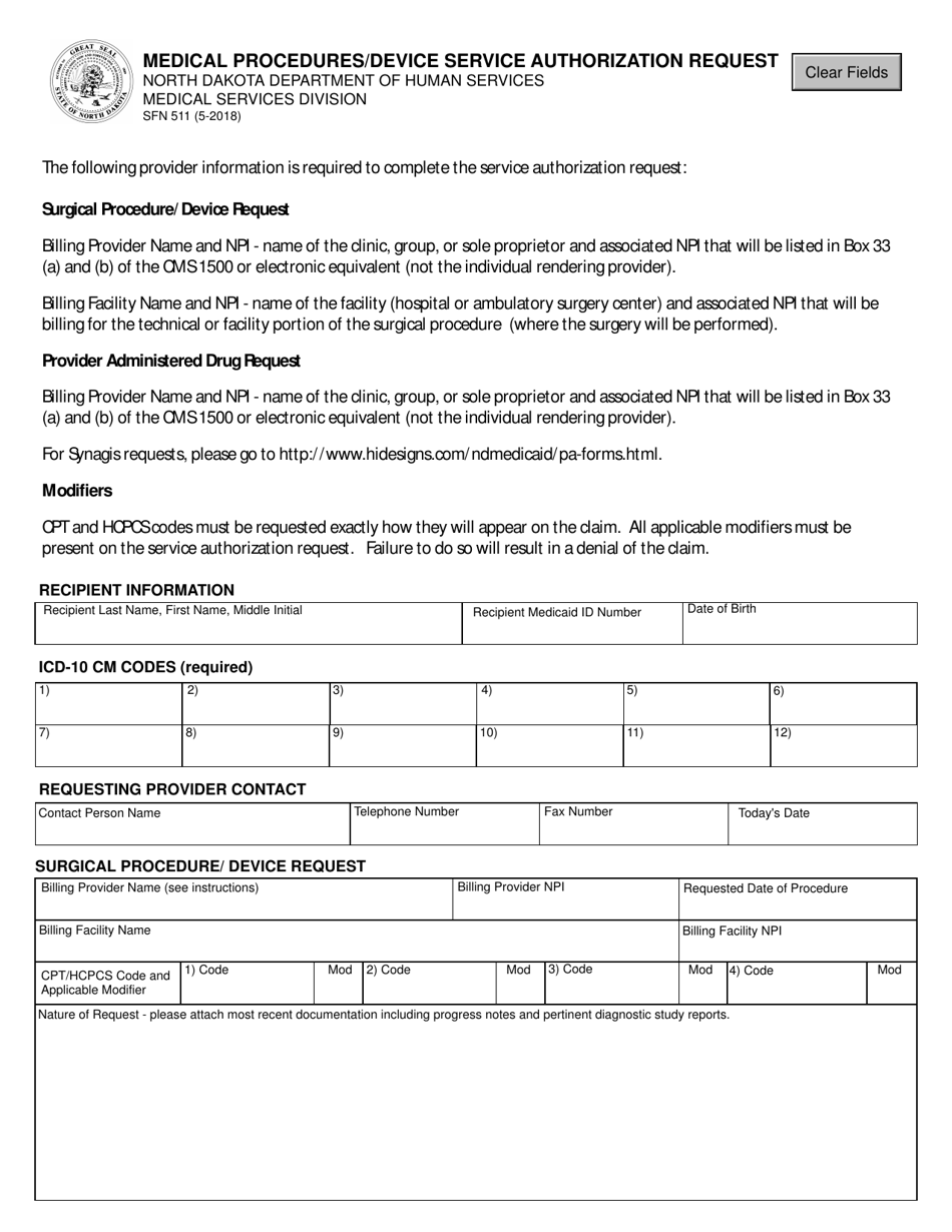 Form SFN811 Medical Procedures / Device Service Authorization Request - North Dakota, Page 1