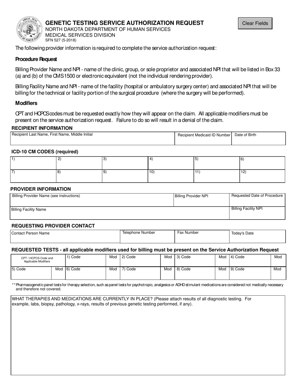 Form SFN527 Genetic Testing Service Authorization Request - North Dakota, Page 1