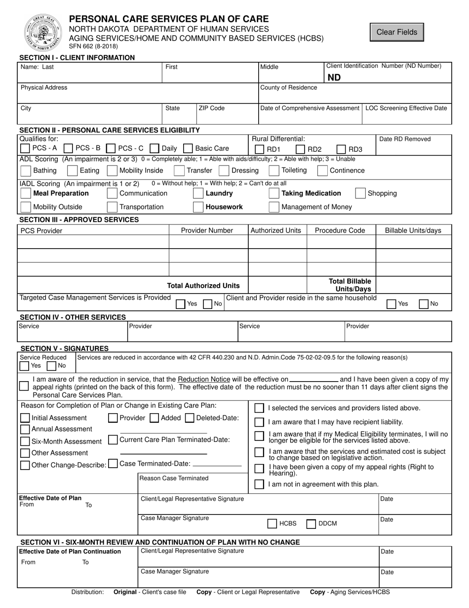Form SFN662 Personal Care Services Plan of Care - North Dakota, Page 1