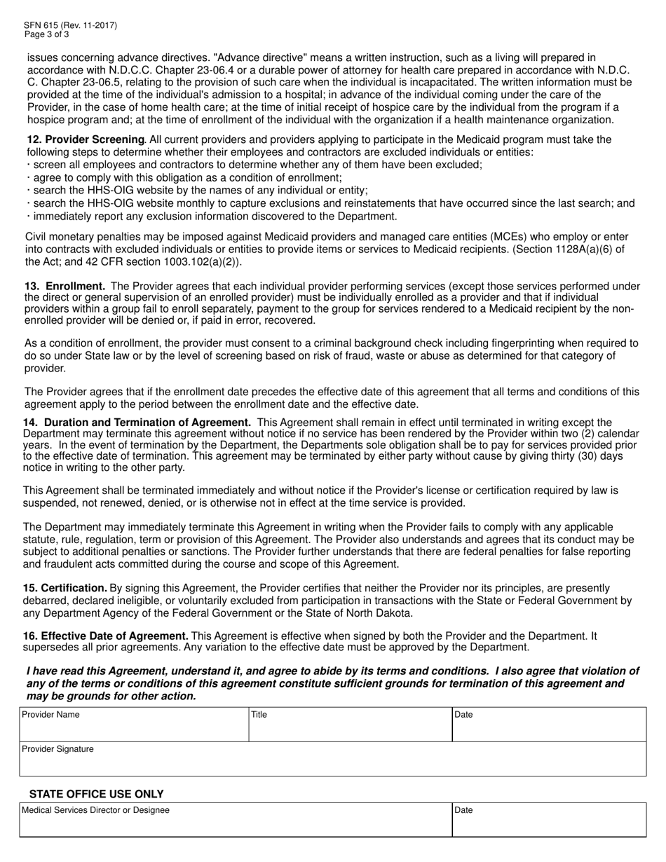 Form SFN615 Medicaid Program Provider Agreement - North Dakota, Page 3
