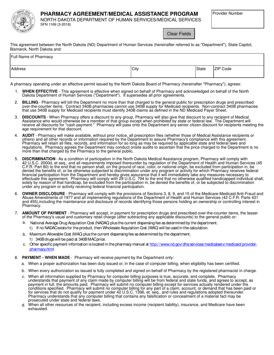 Form SFN1169 Pharmacy Agreement / Medical Assistance Program - North Dakota, Page 1