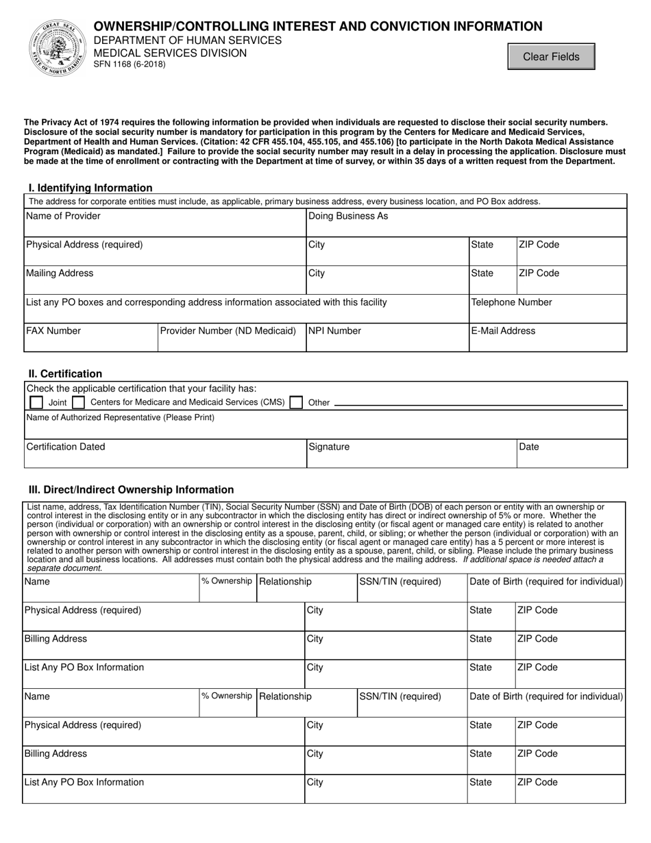 Form SFN1168 Ownership / Controlling Interest and Conviction Information - North Dakota, Page 1