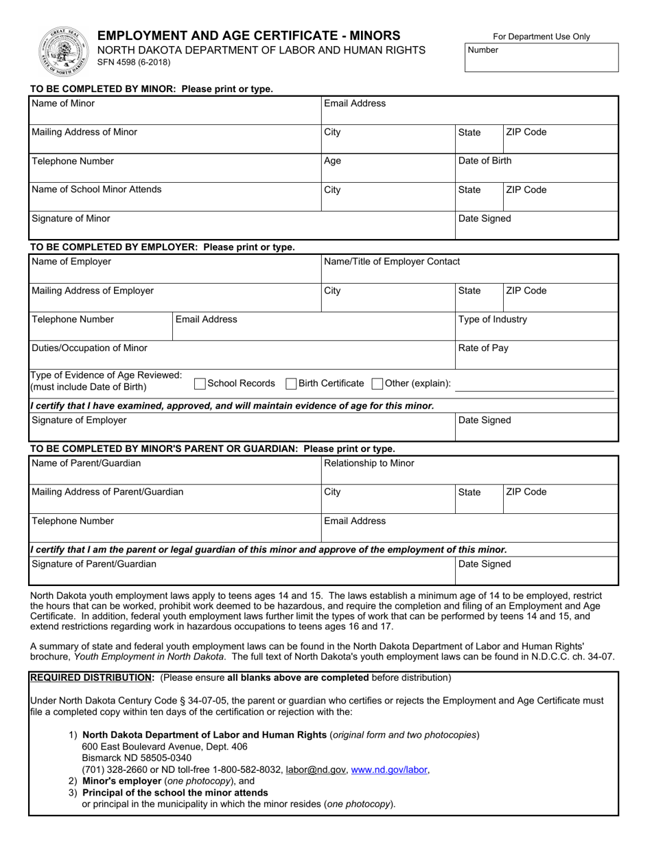Form SFN4598 Employment and Age Certificate - Minors - North Dakota, Page 1