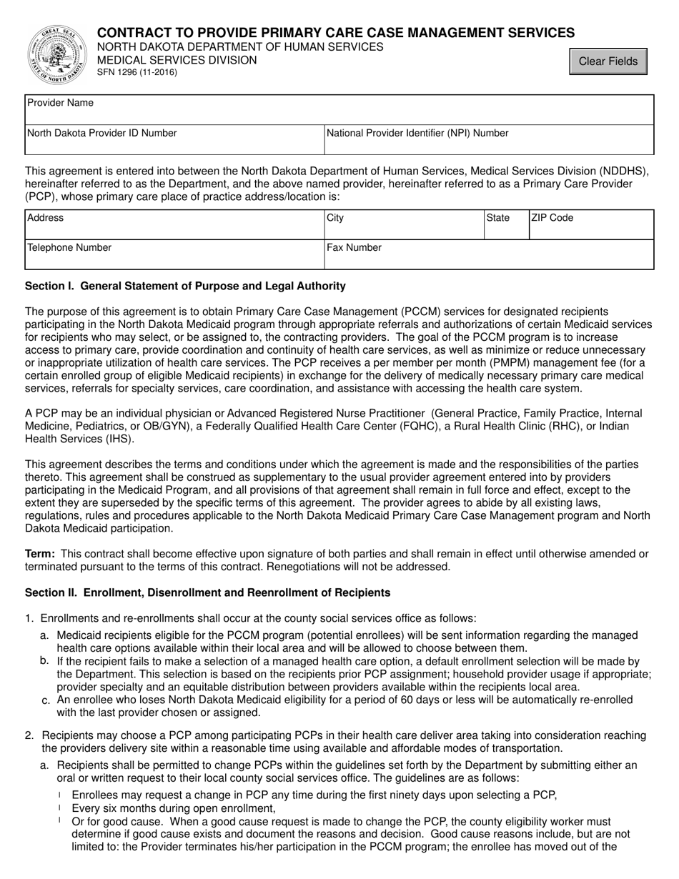 Form SFN1296 Contract to Provide Primary Care Case Management Services - North Dakota, Page 1