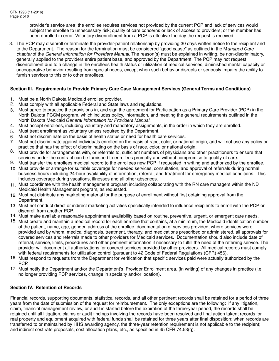 Form SFN1296 Contract to Provide Primary Care Case Management Services - North Dakota, Page 2
