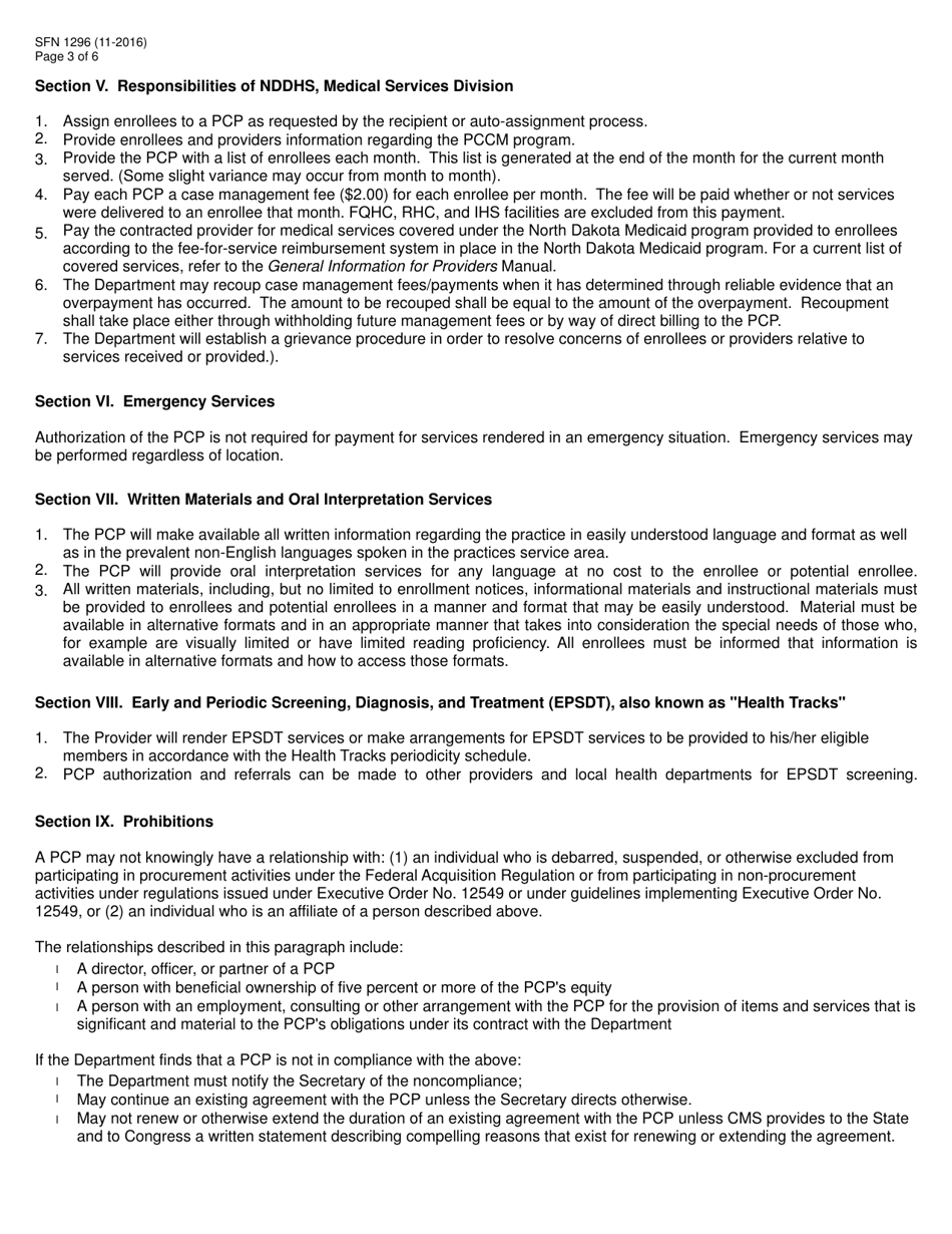 Form SFN1296 Contract to Provide Primary Care Case Management Services - North Dakota, Page 3
