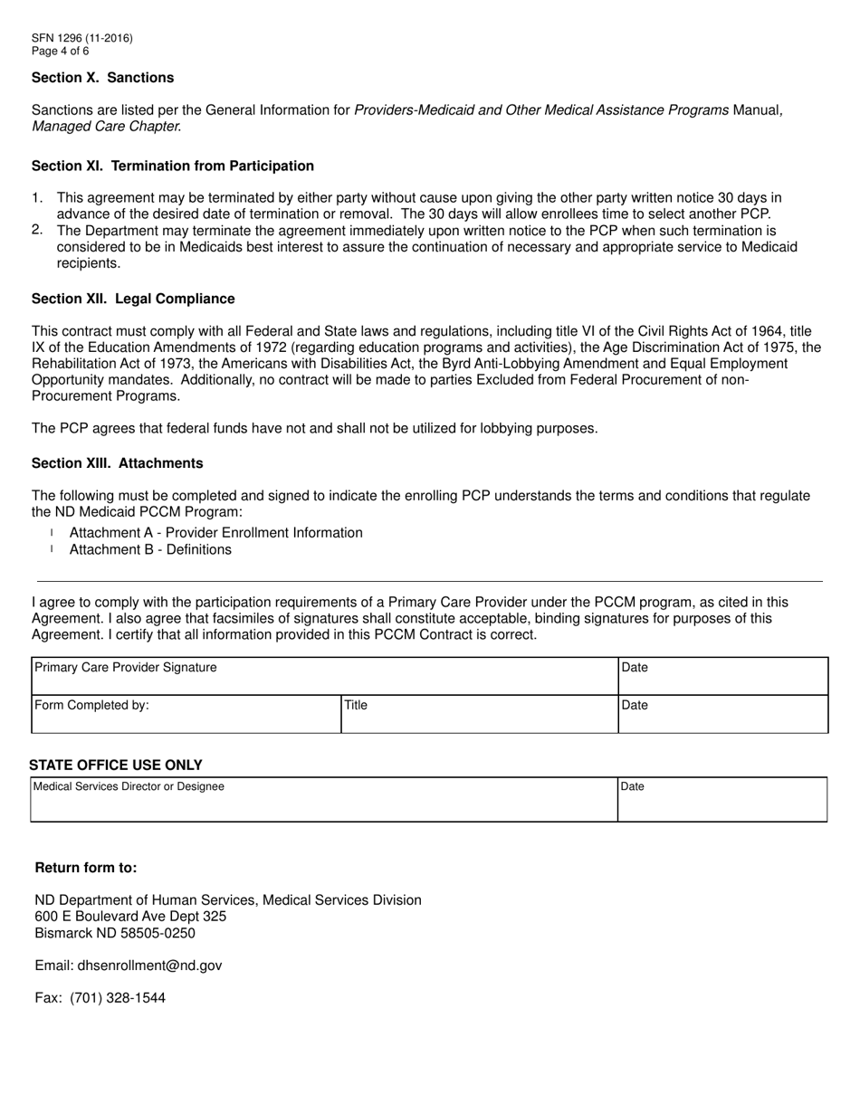 Form SFN1296 Contract to Provide Primary Care Case Management Services - North Dakota, Page 4
