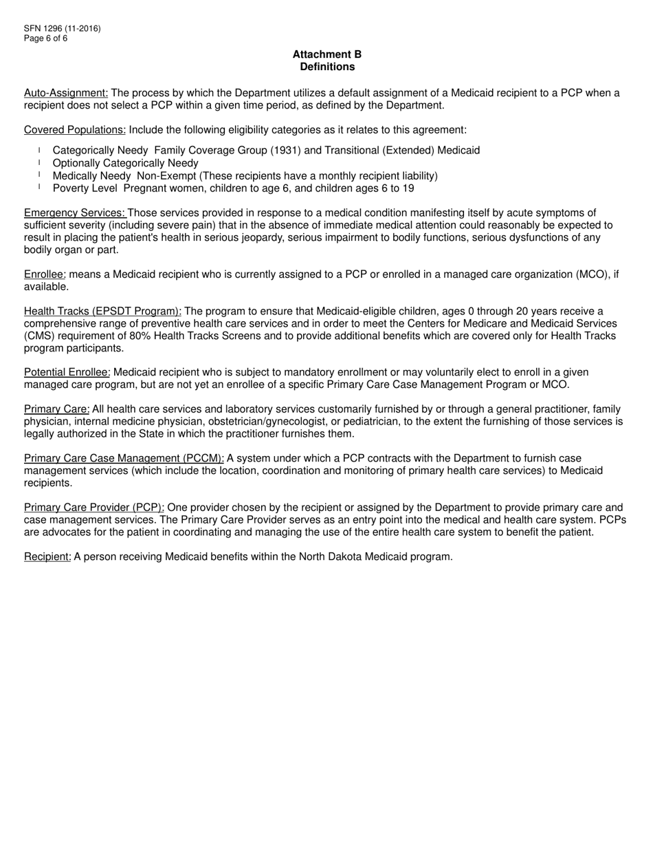 Form SFN1296 Contract to Provide Primary Care Case Management Services - North Dakota, Page 6