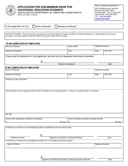 Form SFN51370 Application for Sub-minimum Wage for Vocational Education Students - North Dakota