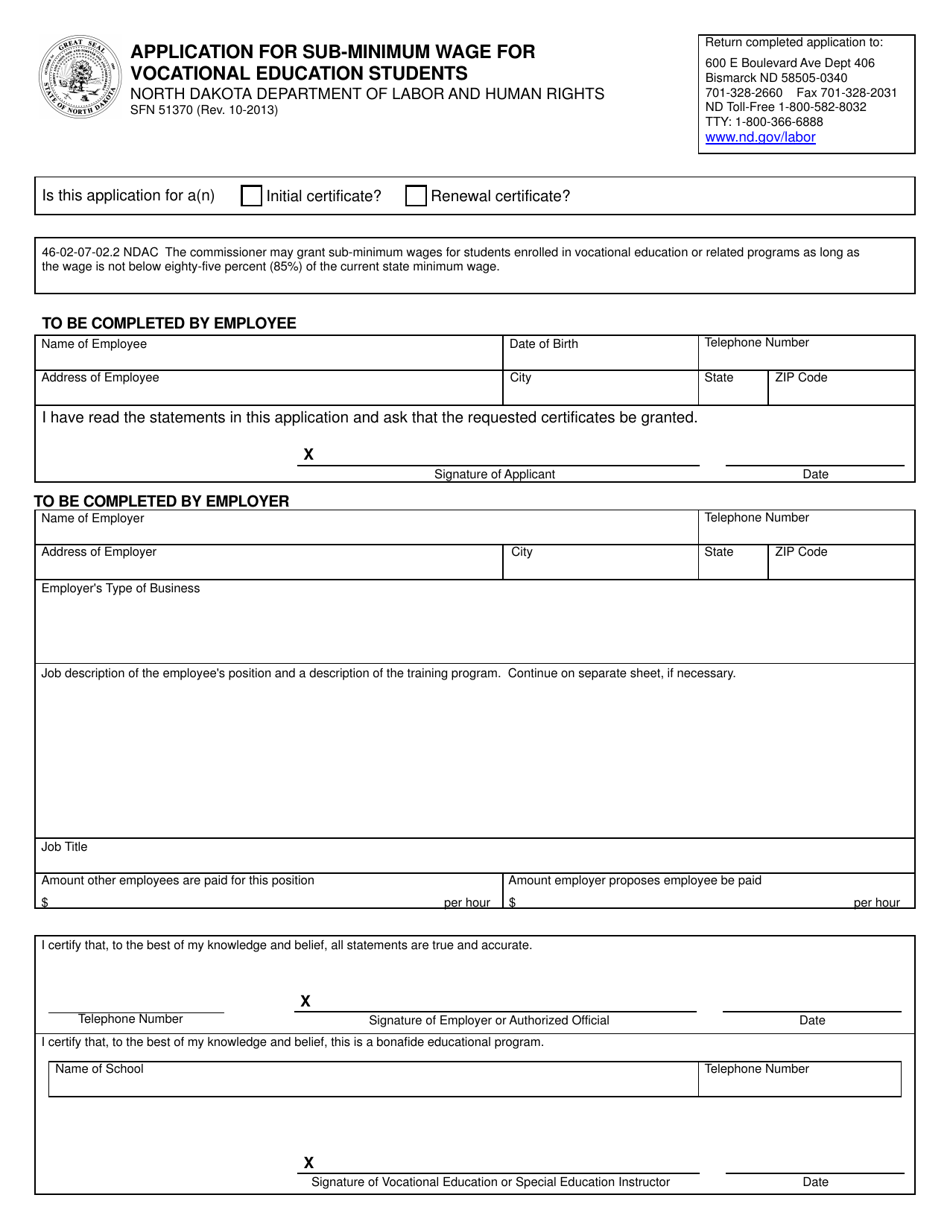 Form SFN51370 Application for Sub-minimum Wage for Vocational Education Students - North Dakota, Page 1