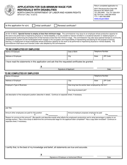 Form SFN51371 Application for Sub-minimum Wage for Individuals With Disabilities - North Dakota