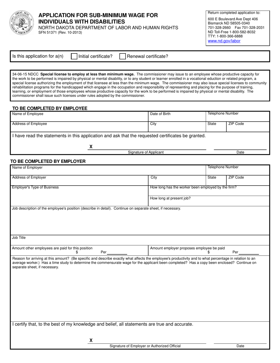 Form SFN51371 Application for Sub-minimum Wage for Individuals With Disabilities - North Dakota, Page 1