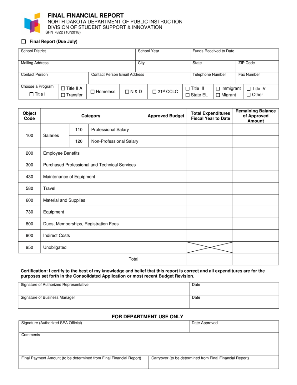 Form SFN7822 Final Financial Report - North Dakota, Page 1