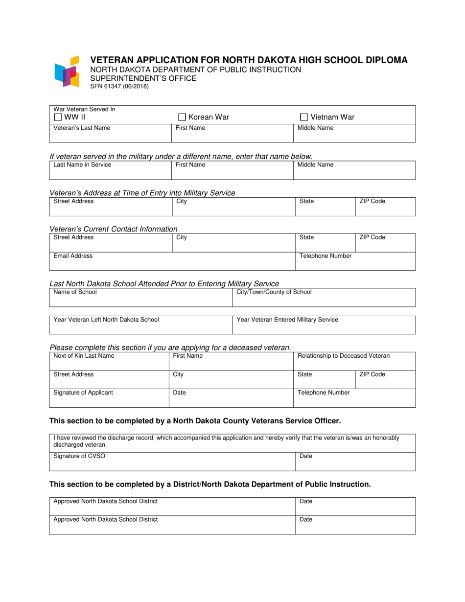 Form SFN61347 Veteran Application for North Dakota High School Diploma - North Dakota, Page 1