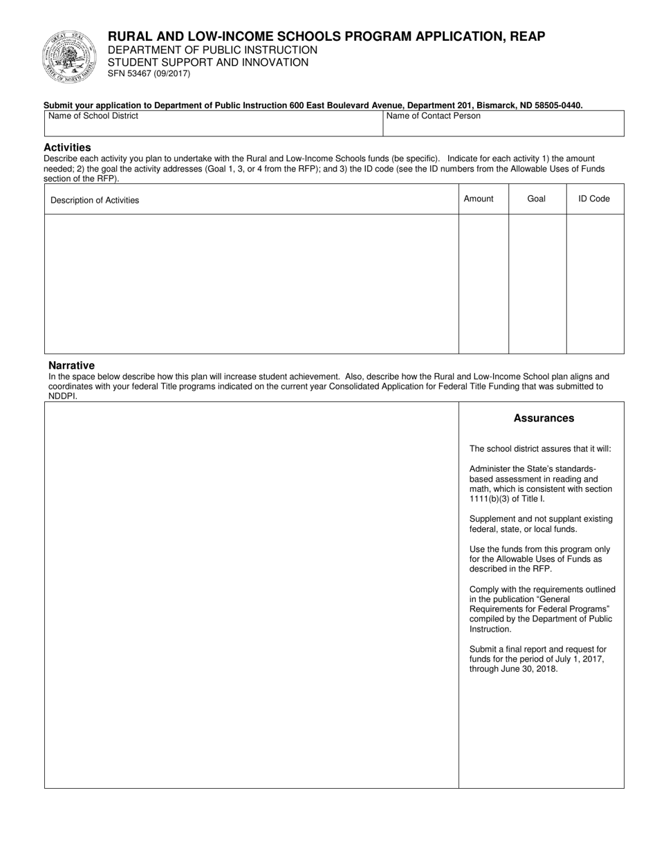 Form SFN53467 Rural and Low-Income Schools Program Application, Reap - North Dakota, Page 1