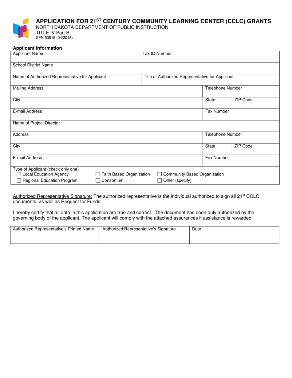 Form SFN53515 Application for 21st Century Community Learning Center (Cclc) Grants - North Dakota, Page 1