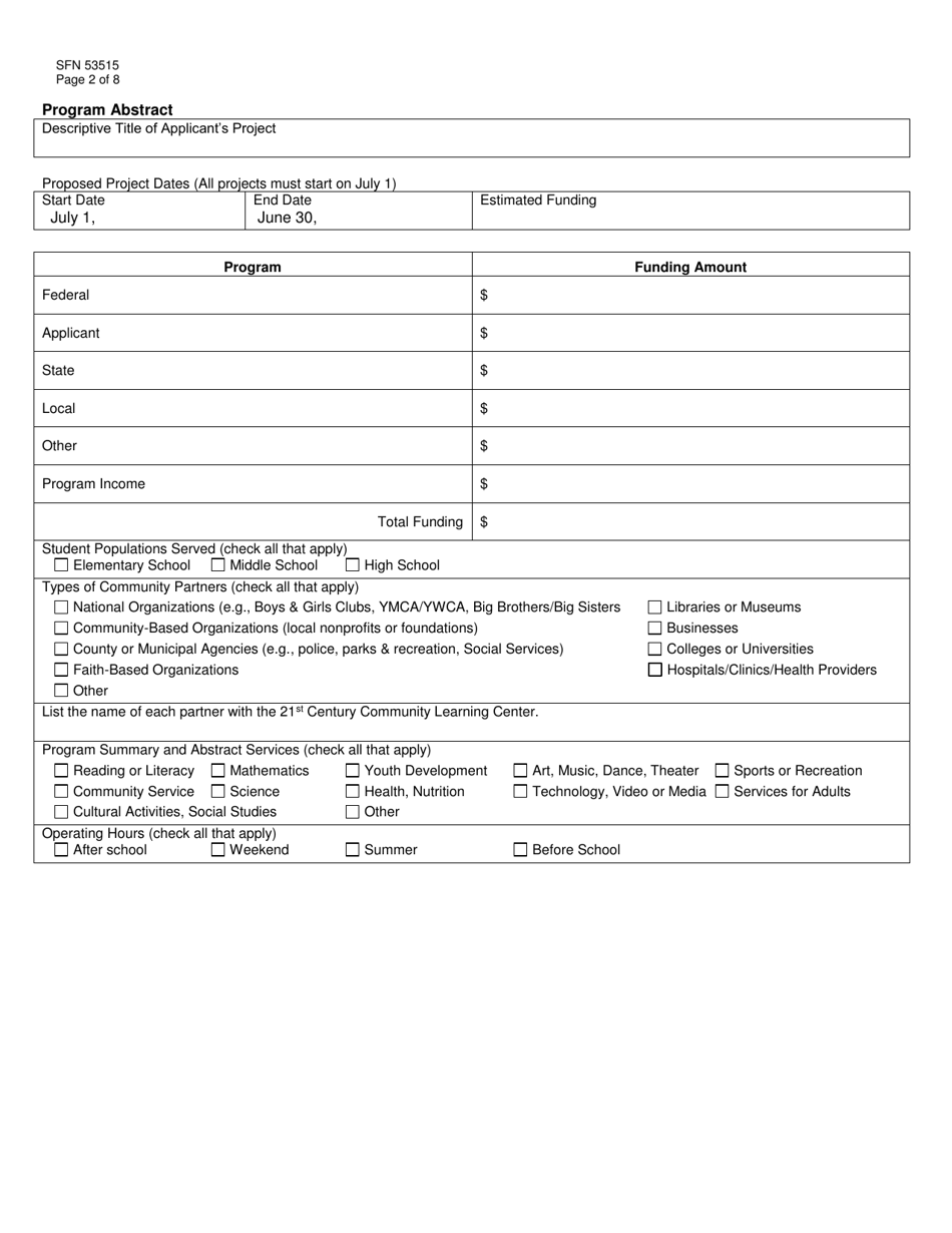 Form SFN53515 Application for 21st Century Community Learning Center (Cclc) Grants - North Dakota, Page 2