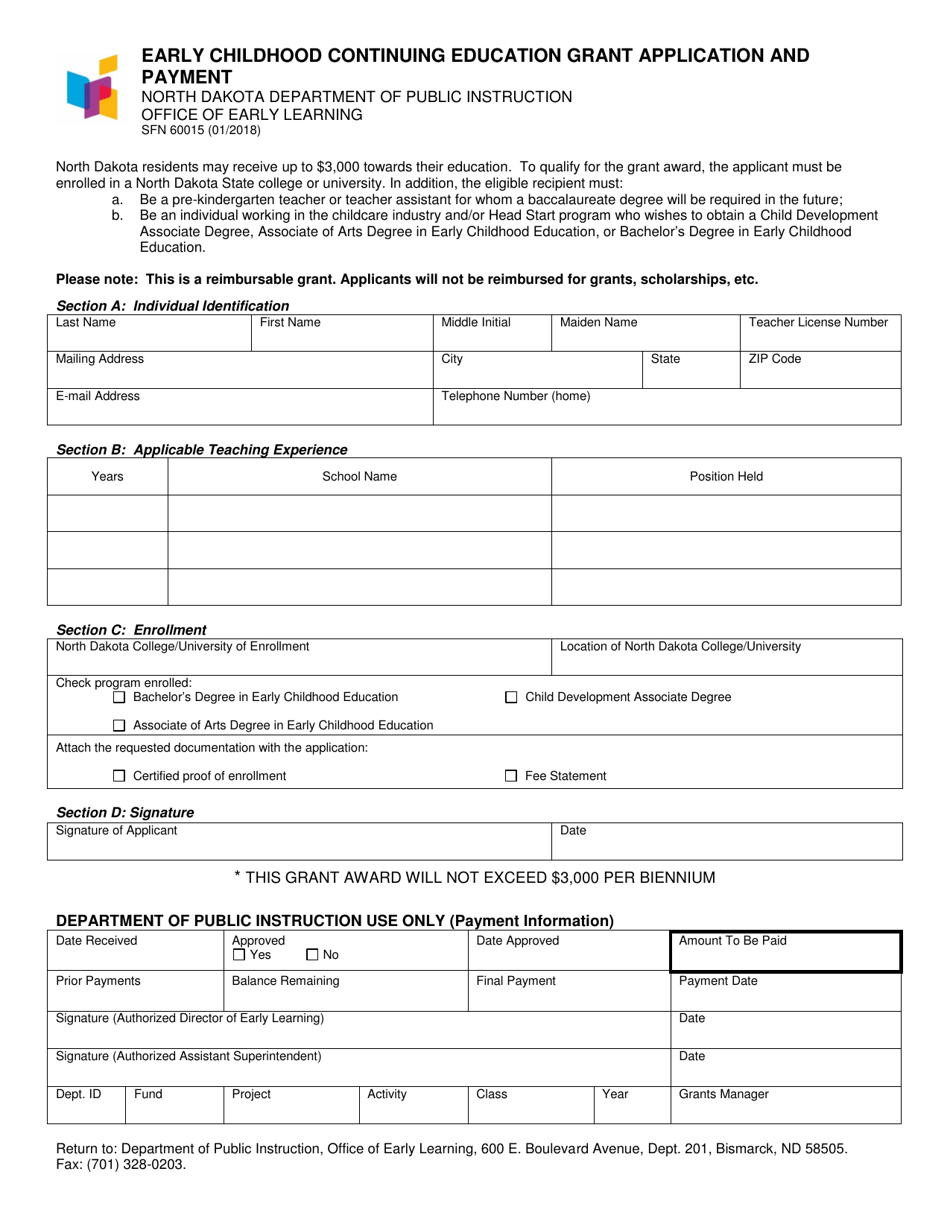 Form SFN60015 Early Childhood Continuing Education Grant Application and Payment - North Dakota, Page 1