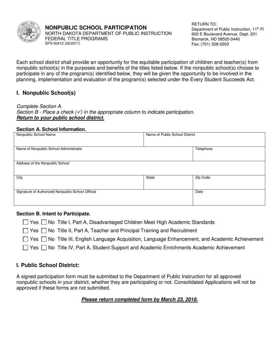 Form SFN50412 Nonpublic School Participation - North Dakota, Page 1