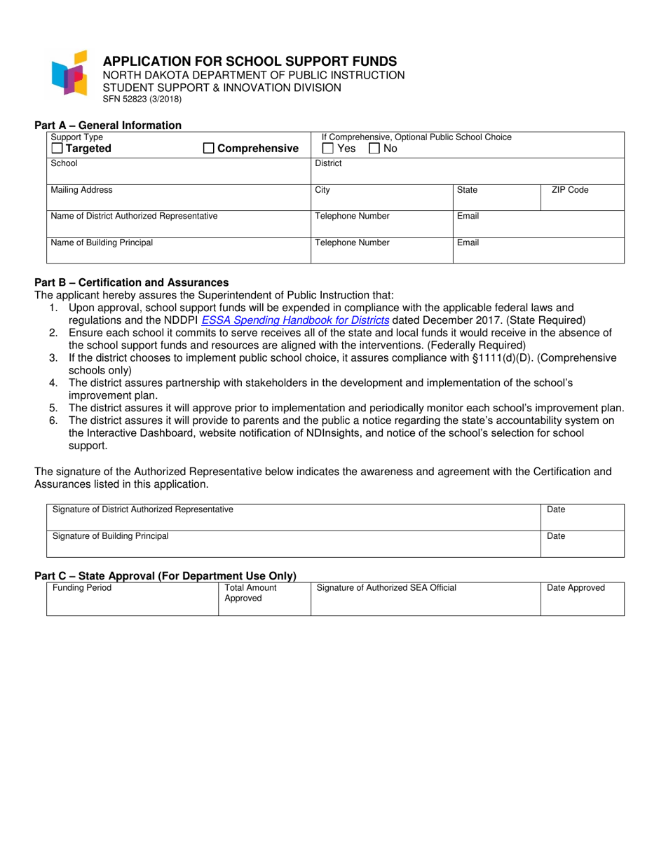 Form SFN52823 Application for School Support Funds - North Dakota, Page 1