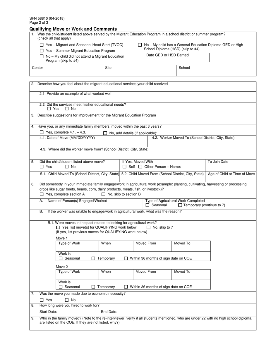 Form SFN58810 Migrant Education Program Essa Child Eligibility Re-interview Questionnaire - North Dakota, Page 2