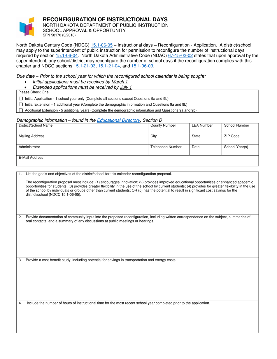 Form SFN58170 Reconfiguration of Instructional Days - North Dakota, Page 1