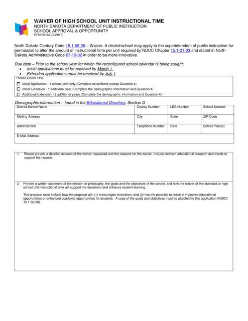 Form SFN58169 Waiver of High School Unit Instructional Time - North Dakota