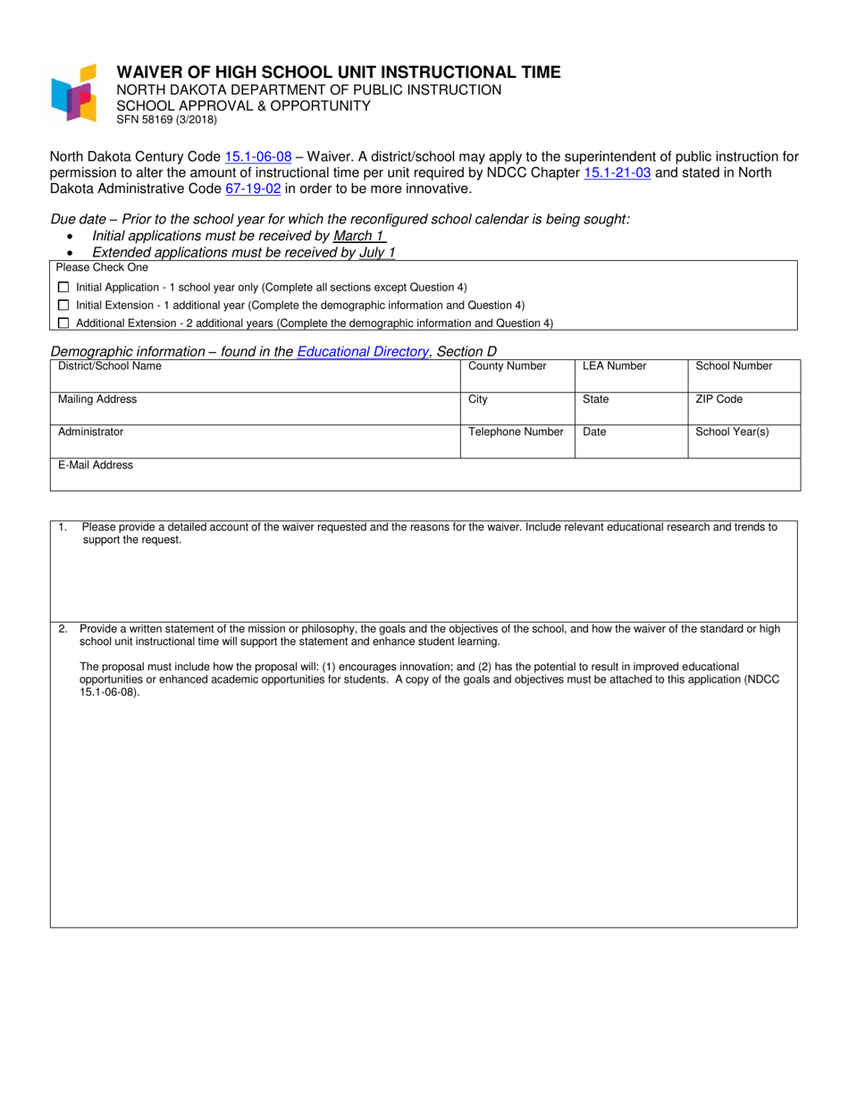 Form SFN58169 Waiver of High School Unit Instructional Time - North Dakota, Page 1