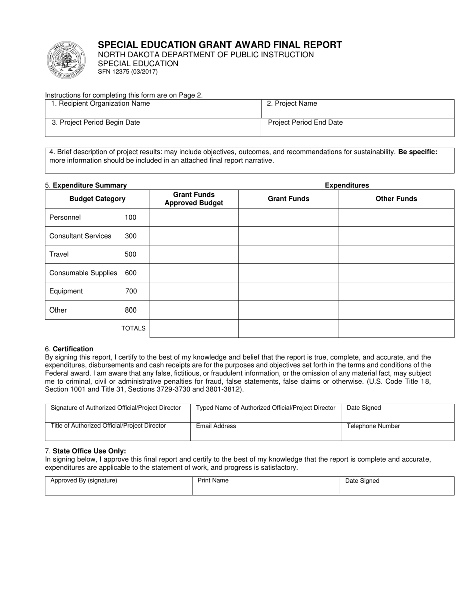 Form SFN12375 Special Education Grant Award Final Report - North Dakota, Page 1