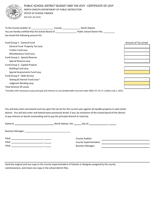 Form SFN9149 Certificate of Levy - North Dakota