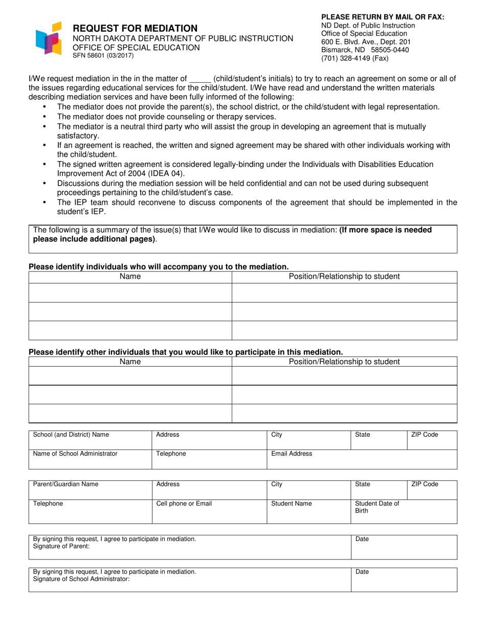Form SFN58601 Request for Mediation - North Dakota, Page 1