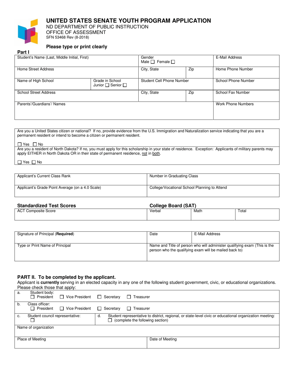 Form SFN53468 United States Senate Youth Program Application - North Dakota, Page 1