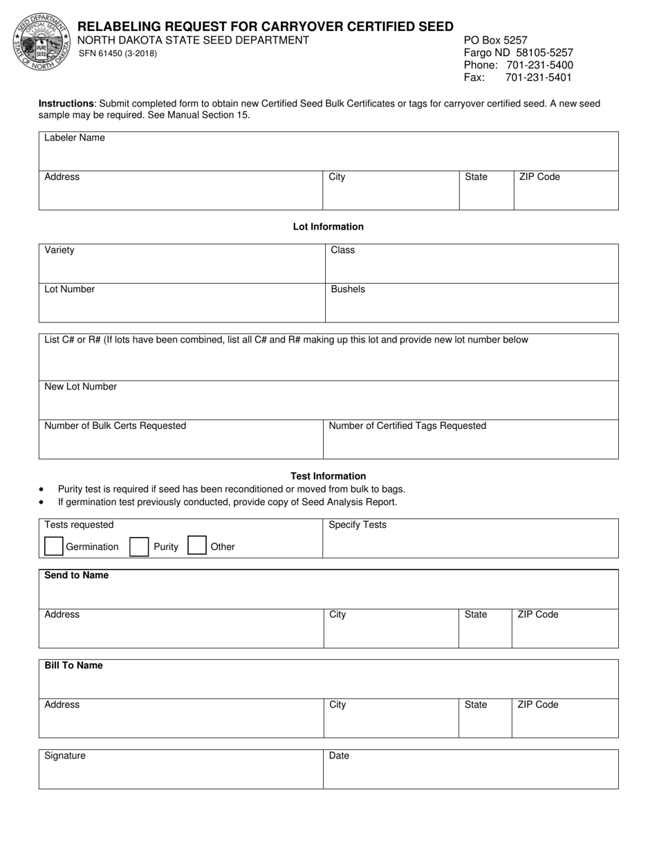 Form SFN61450 Relabeling Request for Carryover Certified Seed - North Dakota, Page 1