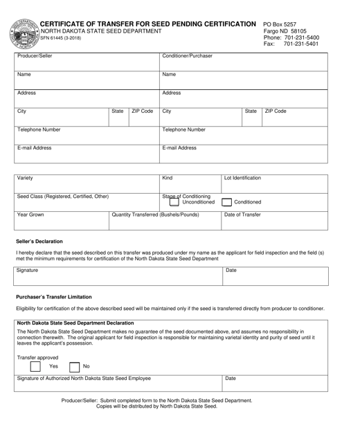 Form SFN61445 Certificate of Transfer for Seed Pending Certification - North Dakota