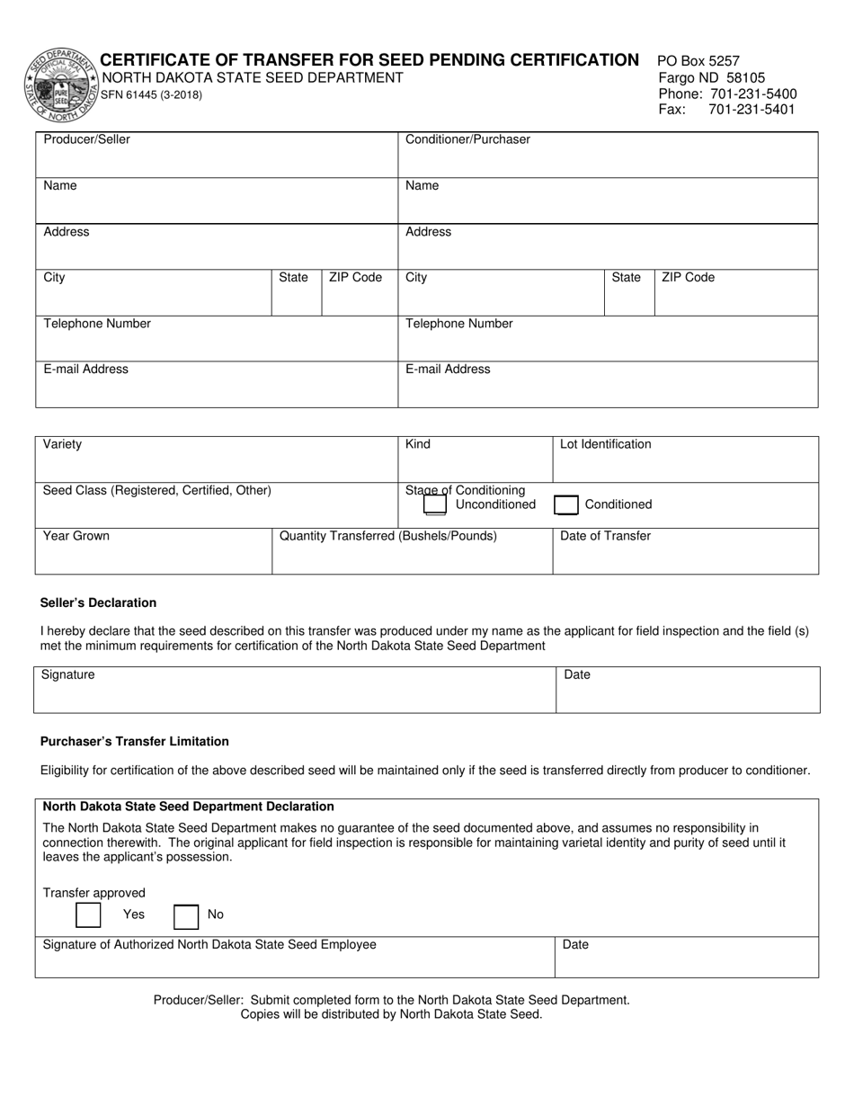 Form SFN61445 Certificate of Transfer for Seed Pending Certification - North Dakota, Page 1
