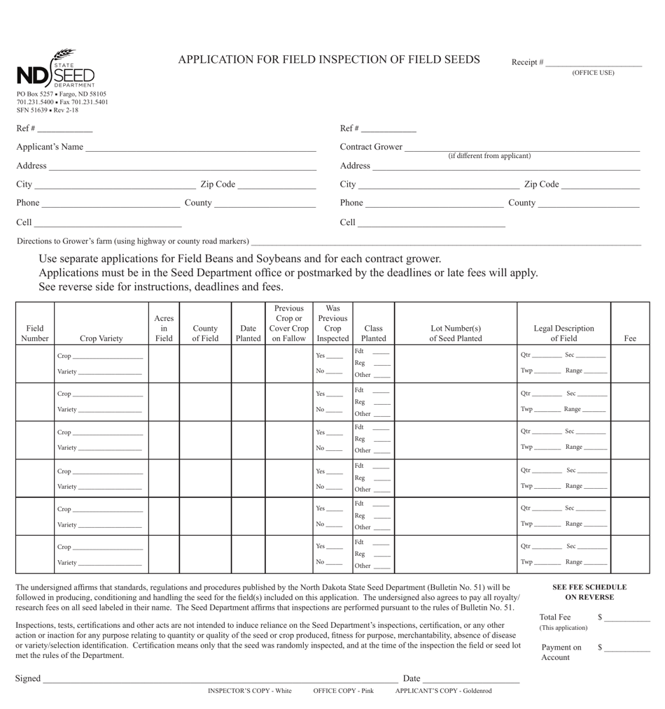 Form SFN51639 Application for Field Inspection of Field Seeds - North Dakota, Page 1