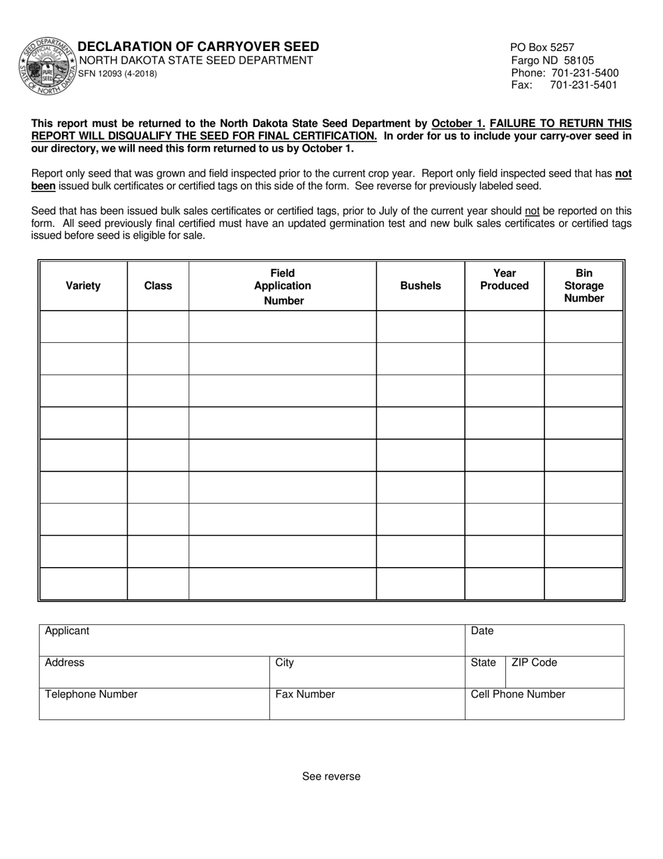 Form SFN12093 - Fill Out, Sign Online and Download Fillable PDF, North ...