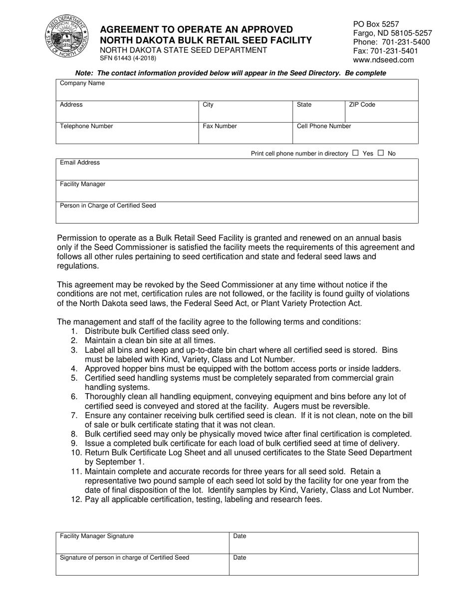 Form SFN61443 Agreement to Operate an Approved North Dakota Bulk Retail Seed Facility - North Dakota, Page 1