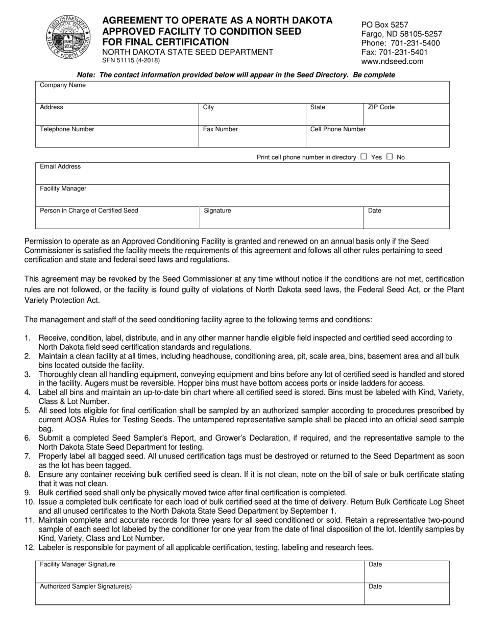 Form SFN51115 Agreement to Operate as a North Dakota Approved Facility to Condition Seed for Final Certification - North Dakota, Page 1