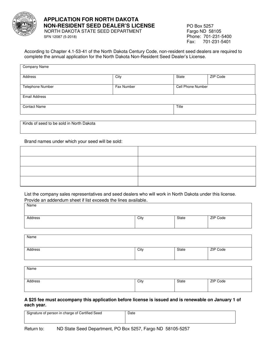 Form SFN12087 Application for North Dakota Non-resident Seed Dealers License - North Dakota, Page 1