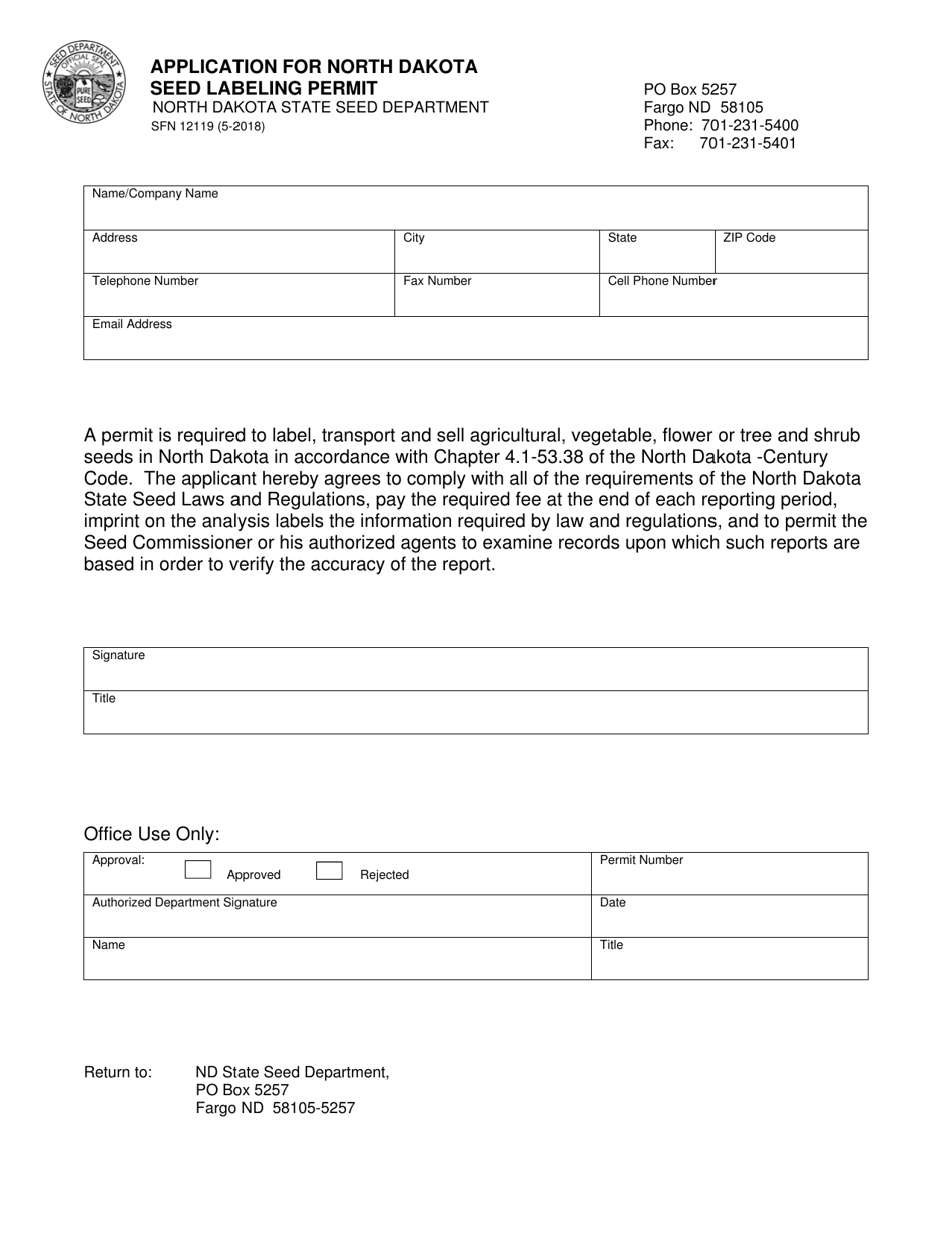 Form SFN12119 Application for North Dakota Seed Labeling Permit - North Dakota, Page 1