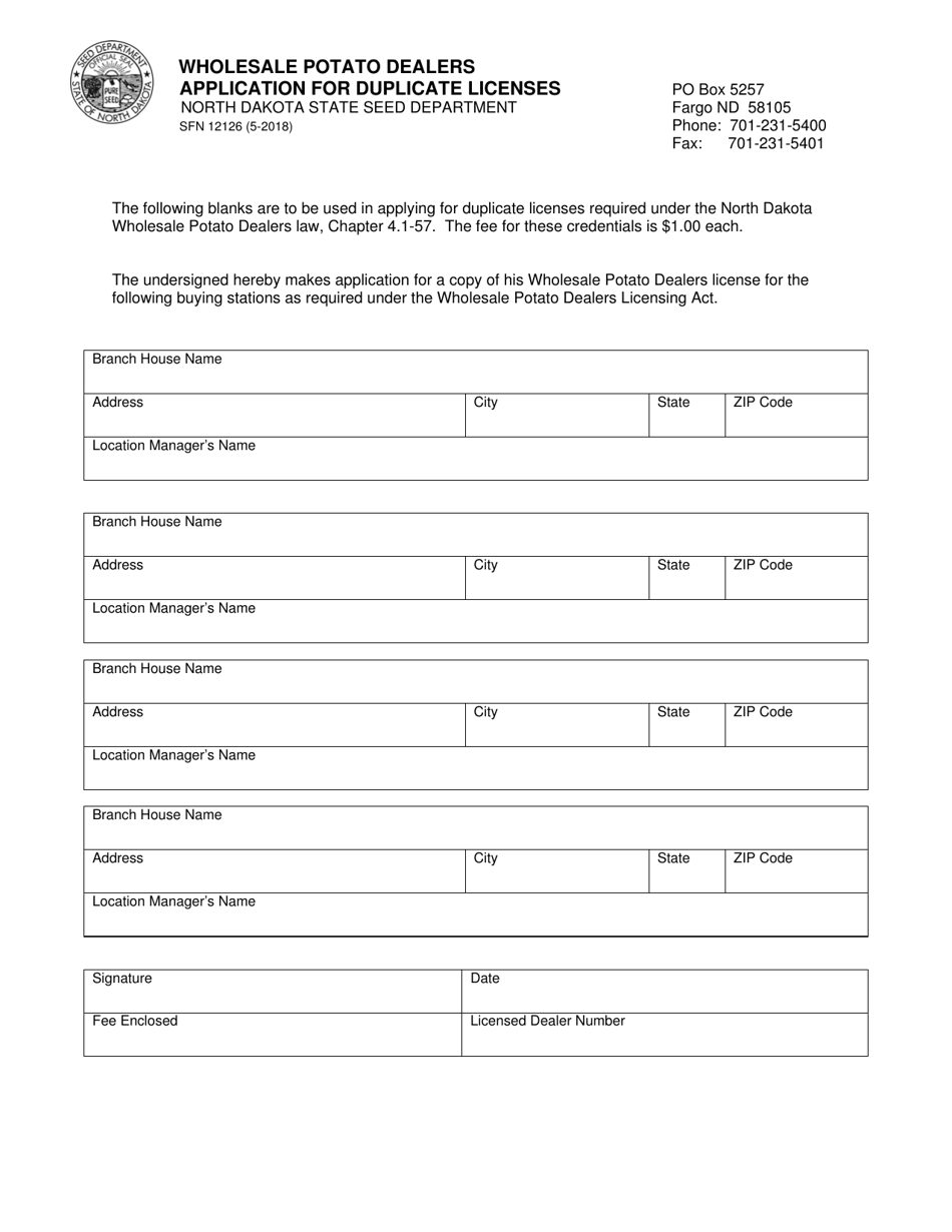 Form SFN12126 Application for Duplicate Licenses - Wholesale Potato Dealers - North Dakota, Page 1