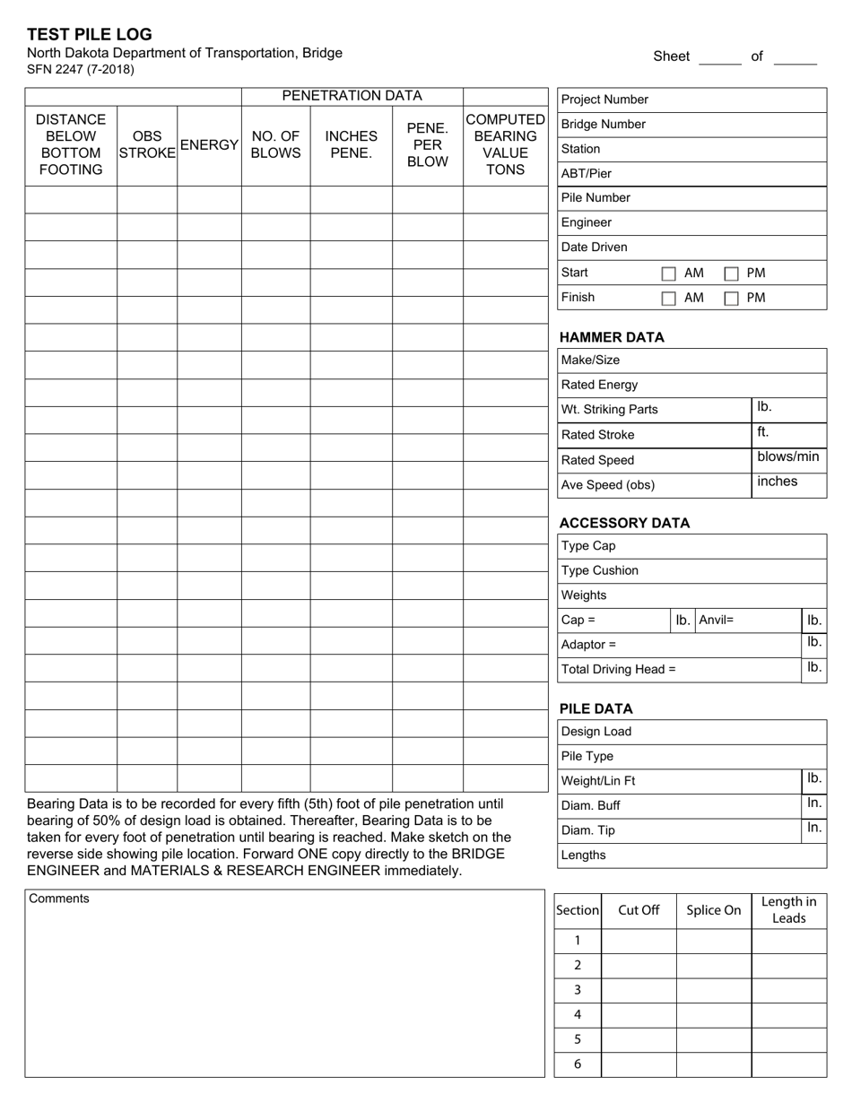 Form SFN2247 Test Pile Log - North Dakota, Page 1