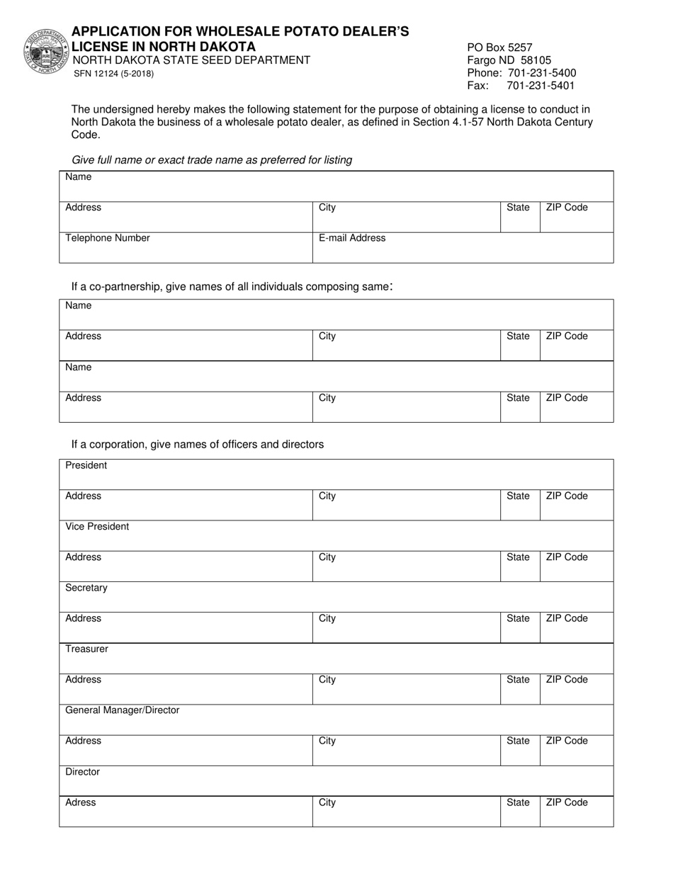 Form SFN12124 Application for Wholesale Potato Dealers License in North Dakota - North Dakota, Page 1