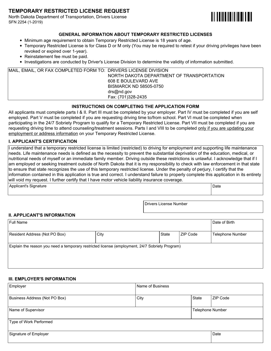 Form SFN2254 Temporary Restricted License Request - North Dakota, Page 1